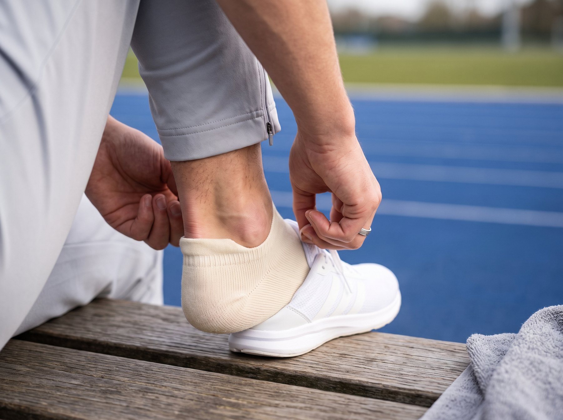 A runner holding the back of the ankle at the Achilles tendon