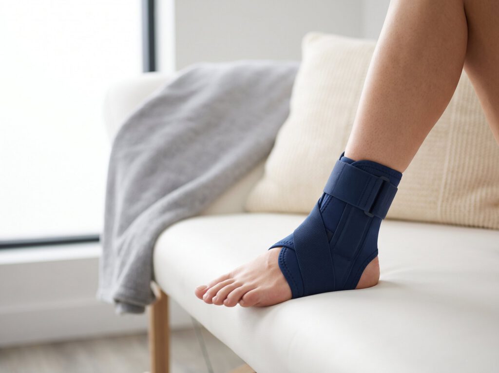 An ankle in a navy support brace