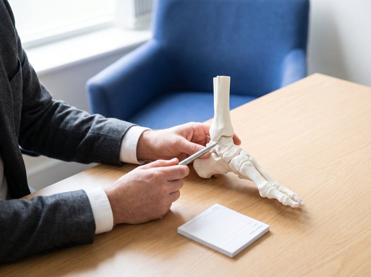 A model of the foot and ankle bones on a consulting desk