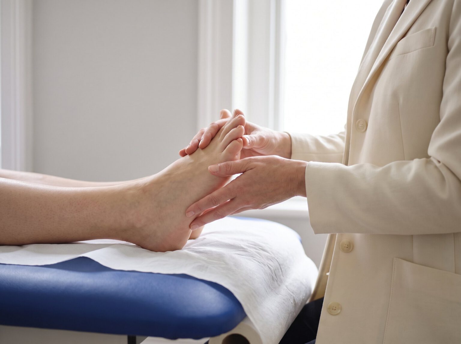 A clinician examining a patient’s foot