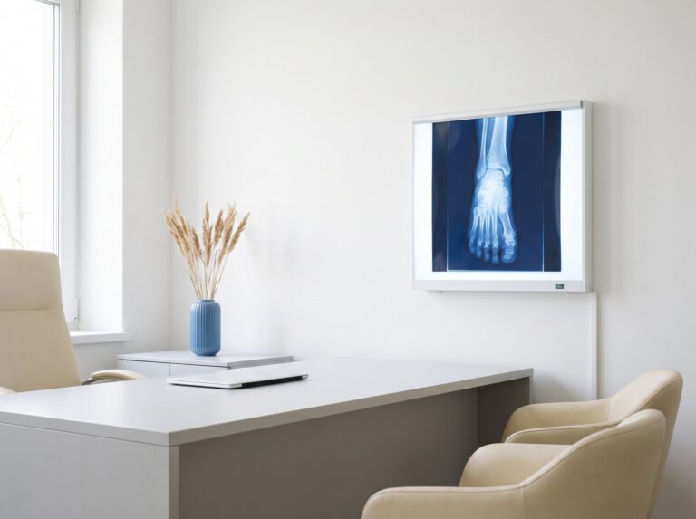 A foot and ankle X-ray on a consulting room screen