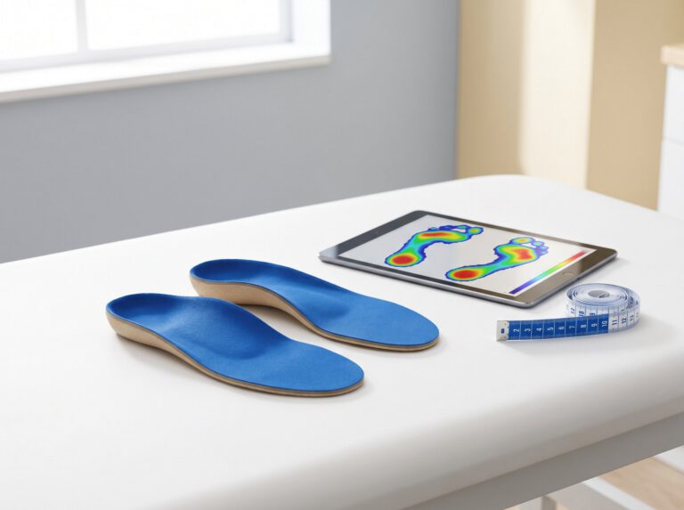 Blue insoles beside a foot pressure scan
