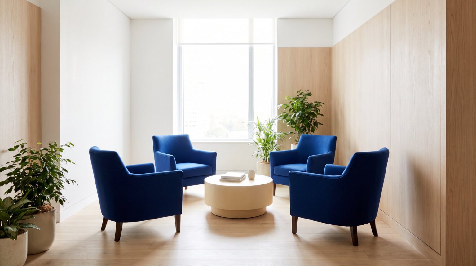 A clinic waiting area with blue armchairs