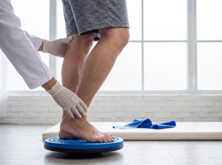 A physiotherapist guiding balance exercises on a wobble board