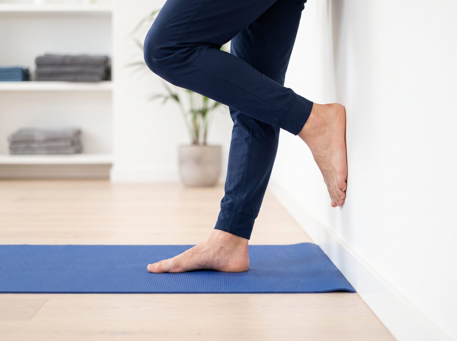 A calf and plantar fascia stretch against a wall