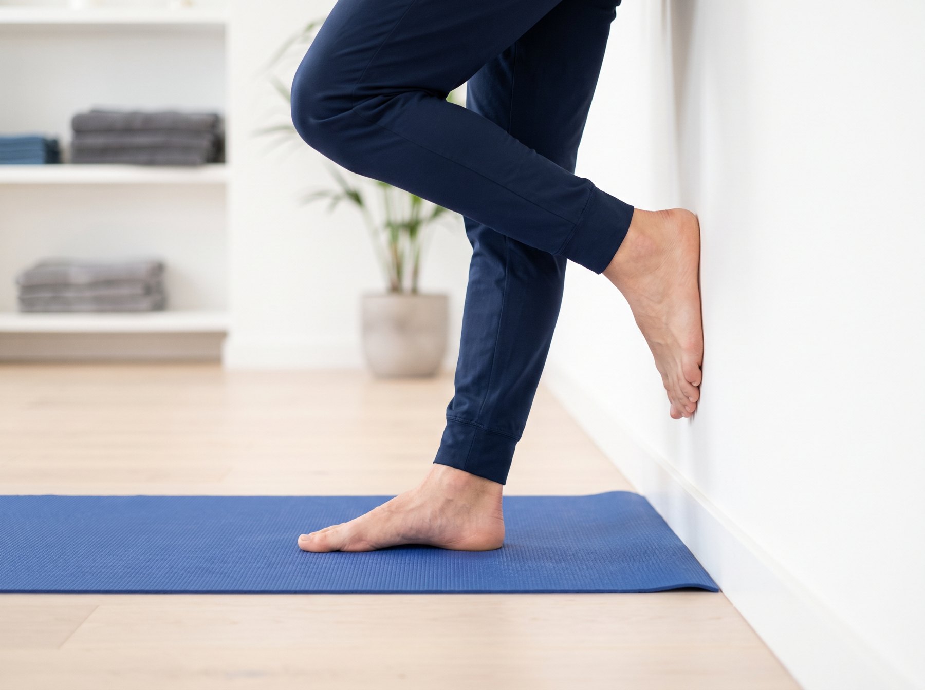 A calf and plantar fascia stretch against a wall