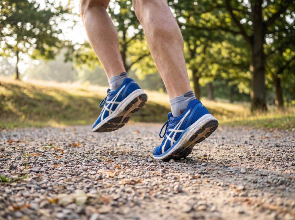 Running on a gravel path in trainers