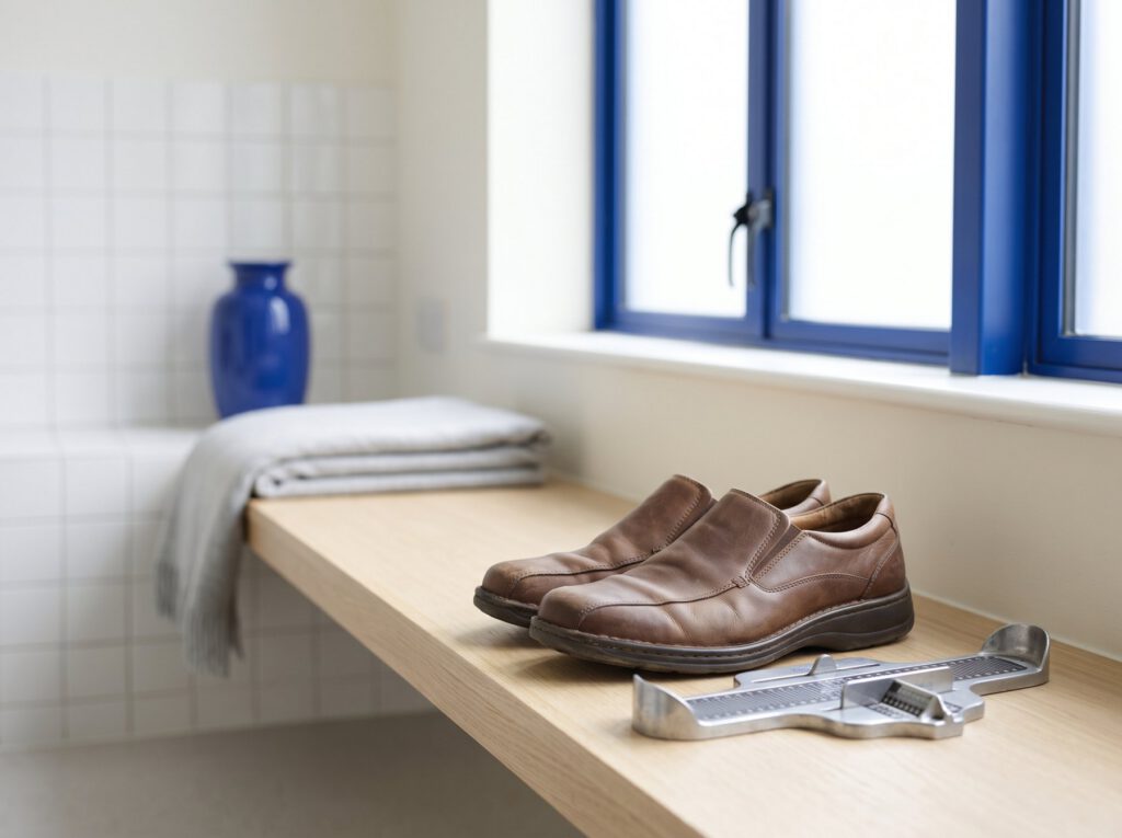 Leather shoes on a fitting bench