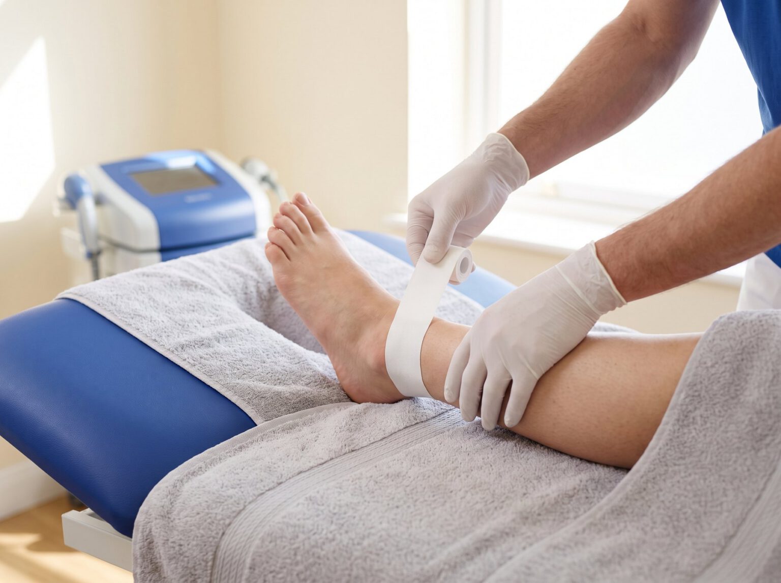 A clinician strapping an ankle