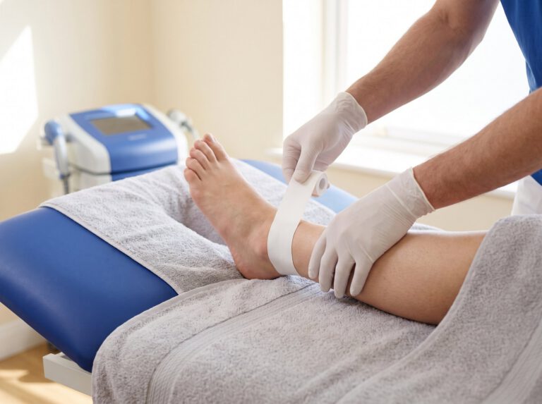 A clinician strapping an ankle