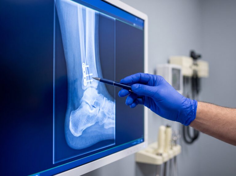 A gloved hand pointing to an ankle X-ray